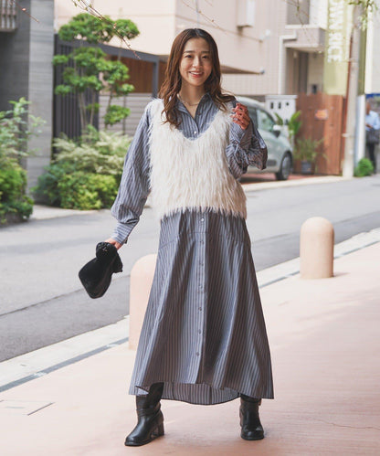 主打款條紋美人魚襯衫連衣裙