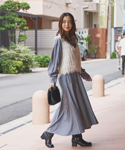 主打款條紋美人魚襯衫連衣裙