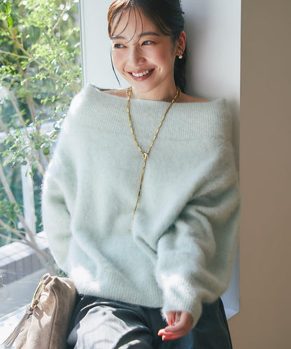 大人風格針織 毛絨羊毛羊絨混紡羅紋領一字肩針織衫