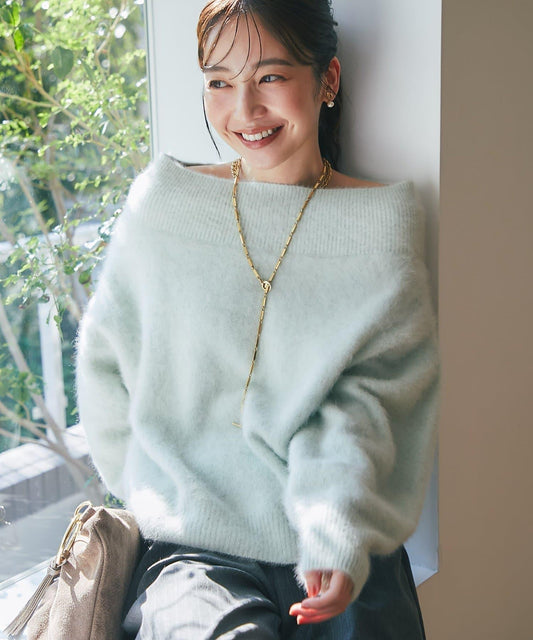 大人風格針織 毛絨羊毛羊絨混紡羅紋領一字肩針織衫
