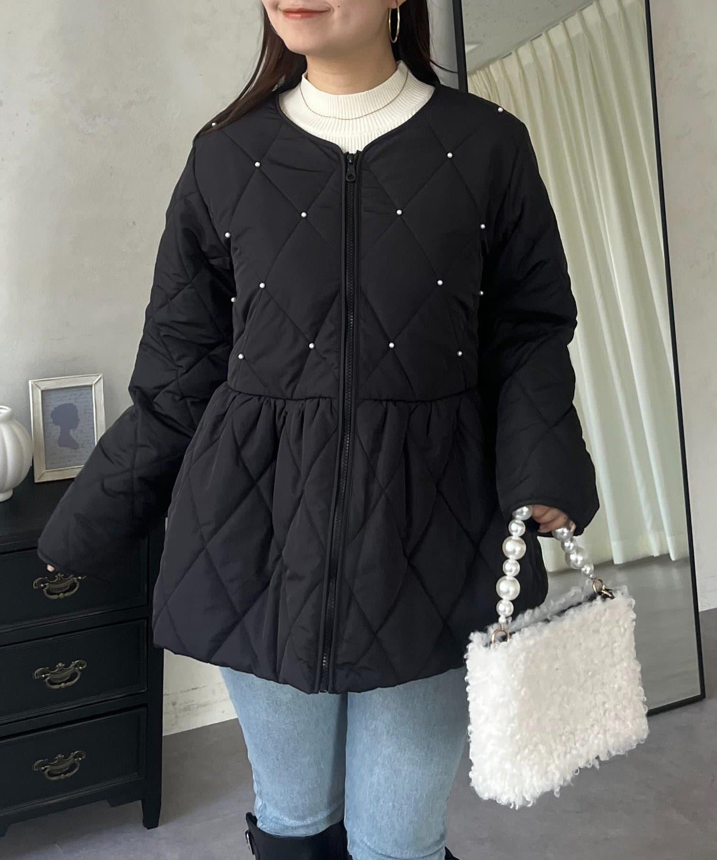 絎縫珍珠荷葉邊短外套