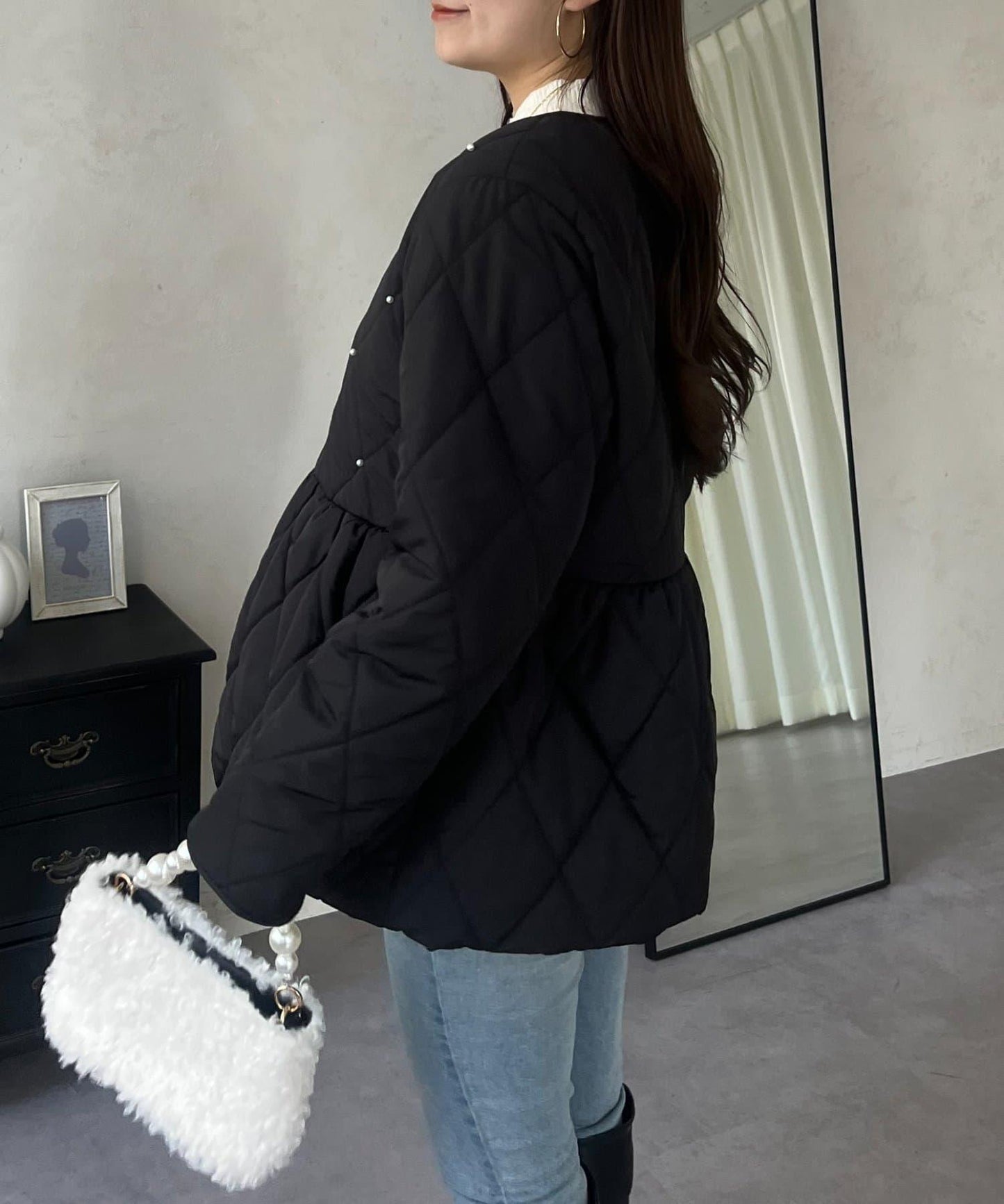 絎縫珍珠荷葉邊短外套