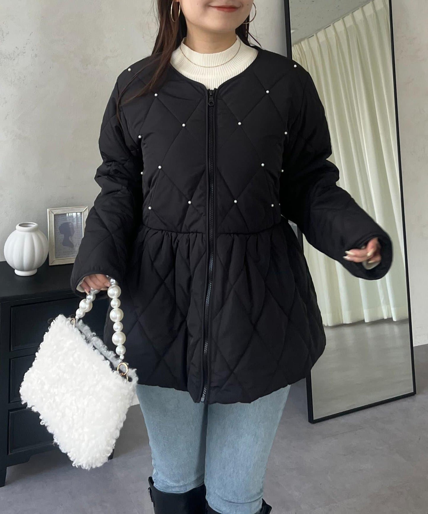 絎縫珍珠荷葉邊短外套