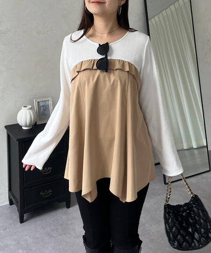 不規則下襬荷葉邊拼接A字羅紋長袖T恤