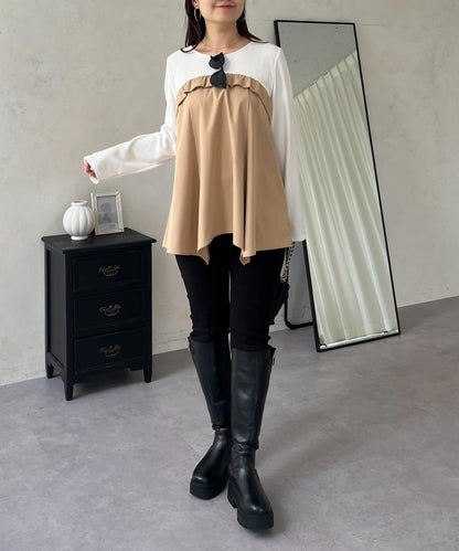 不規則下襬荷葉邊拼接A字羅紋長袖T恤