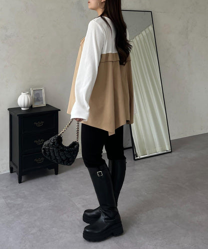 不規則下襬荷葉邊拼接A字羅紋長袖T恤