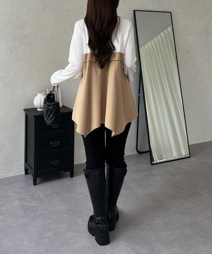 不規則下襬荷葉邊拼接A字羅紋長袖T恤