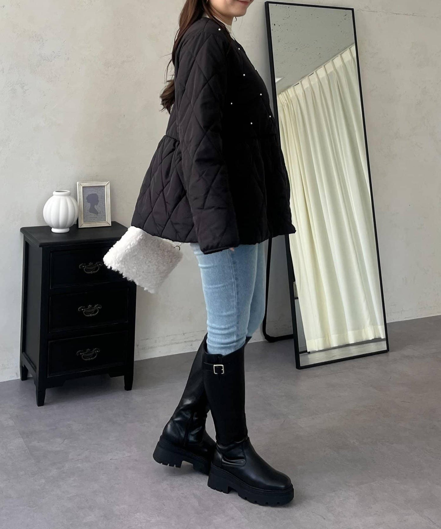 絎縫珍珠荷葉邊短外套