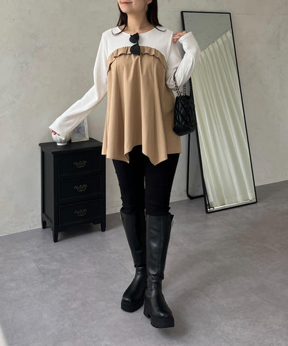 不規則下襬荷葉邊拼接A字羅紋長袖T恤