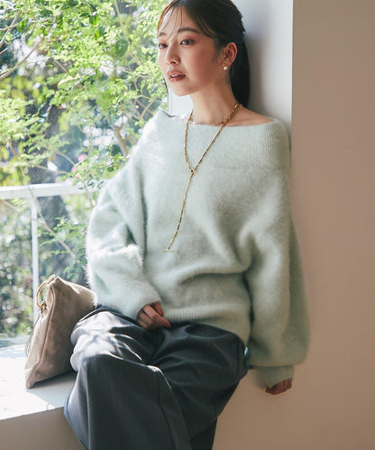 大人風格針織 毛絨羊毛羊絨混紡羅紋領一字肩針織衫