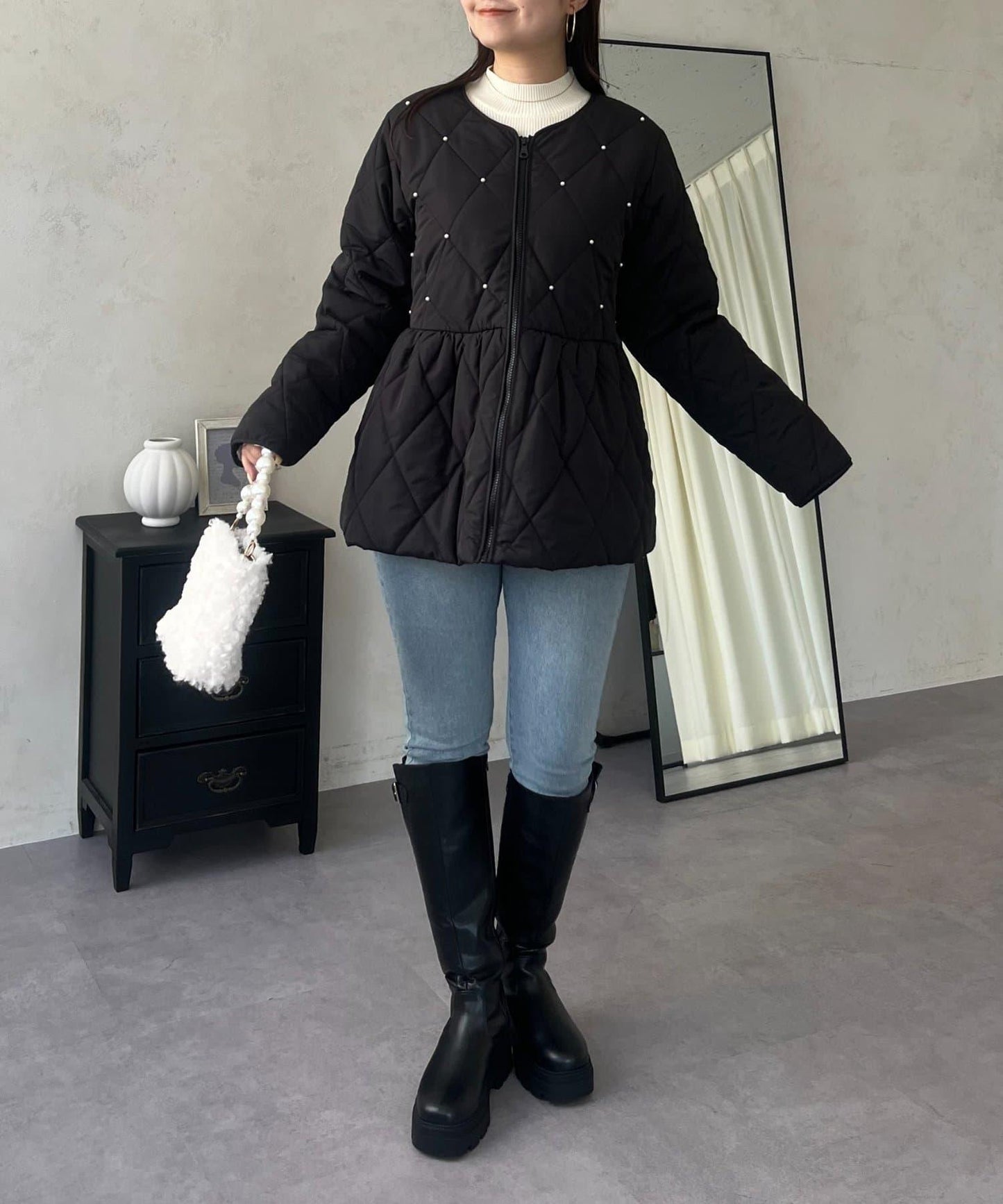 絎縫珍珠荷葉邊短外套