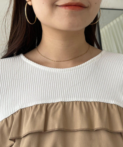 不規則下襬荷葉邊拼接A字羅紋長袖T恤