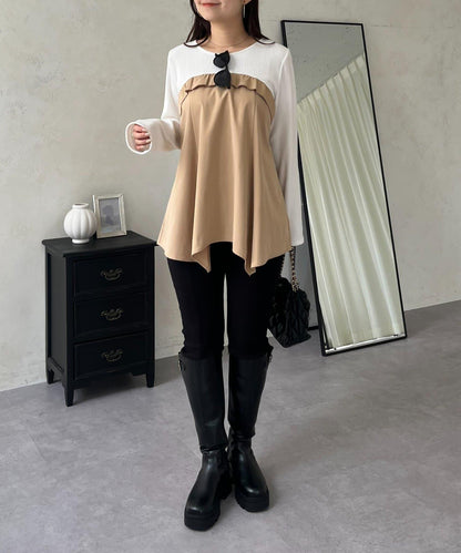 不規則下襬荷葉邊拼接A字羅紋長袖T恤