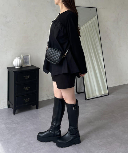 不規則下襬荷葉邊拼接A字羅紋長袖T恤