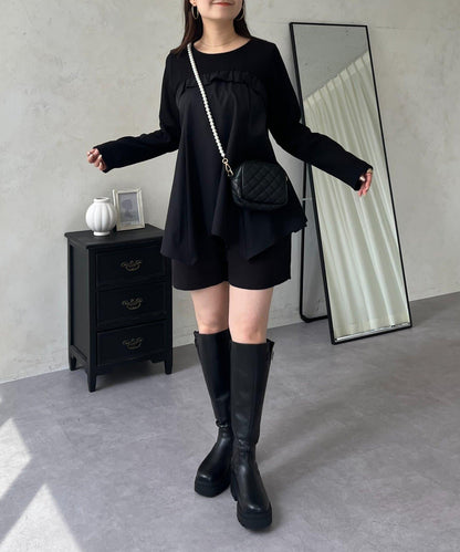 不規則下襬荷葉邊拼接A字羅紋長袖T恤