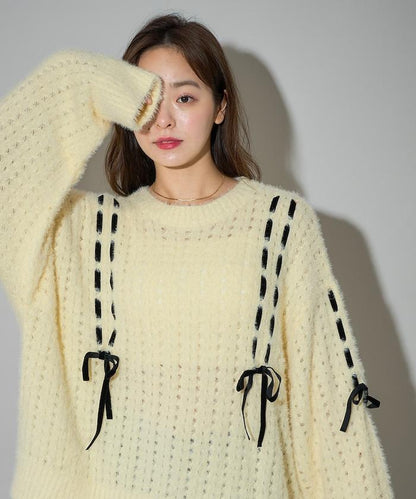 天鵝絨蝴蝶結編織羽毛針織衫