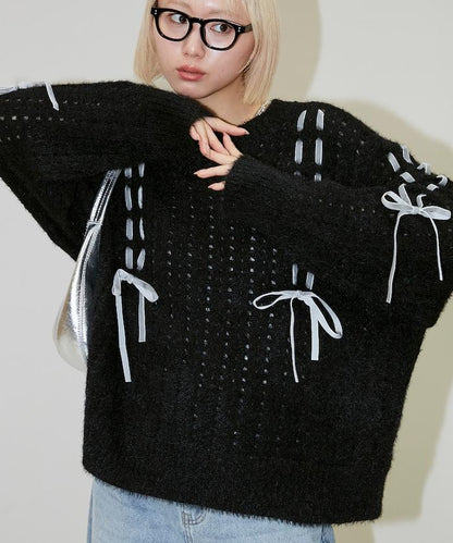 天鵝絨蝴蝶結編織羽毛針織衫