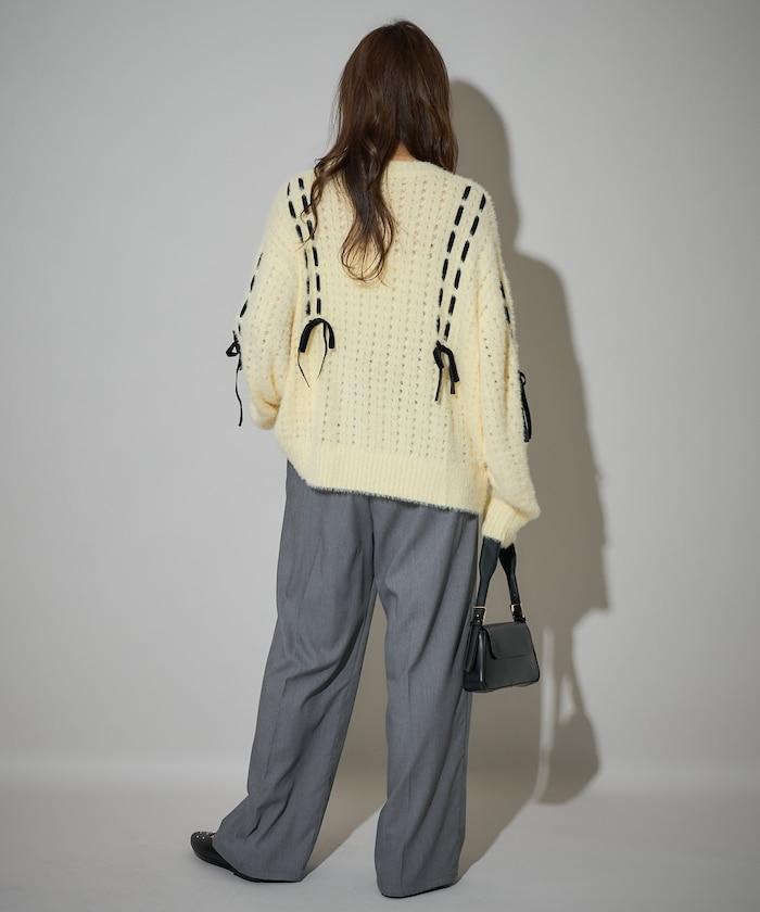 天鵝絨蝴蝶結編織羽毛針織衫