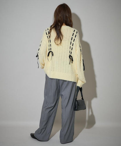 天鵝絨蝴蝶結編織羽毛針織衫