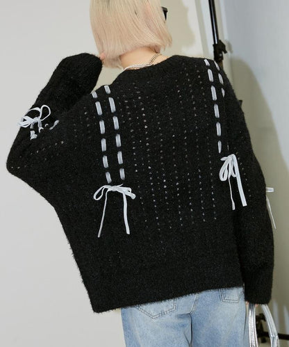 天鵝絨蝴蝶結編織羽毛針織衫