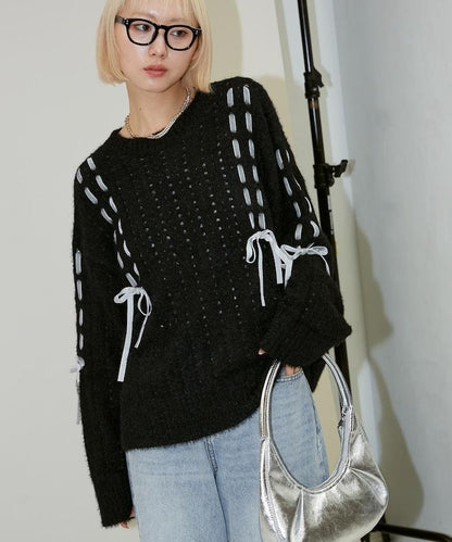 天鵝絨蝴蝶結編織羽毛針織衫