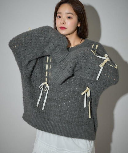 天鵝絨蝴蝶結編織羽毛針織衫