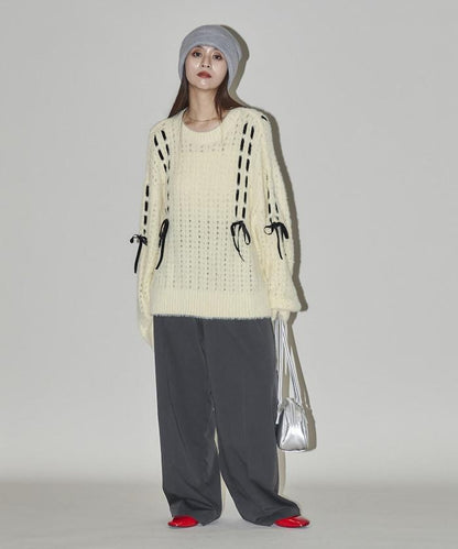 天鵝絨蝴蝶結編織羽毛針織衫