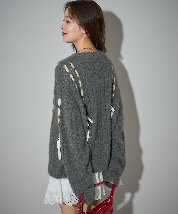 天鵝絨蝴蝶結編織羽毛針織衫