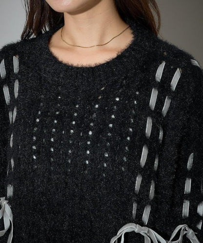 天鵝絨蝴蝶結編織羽毛針織衫