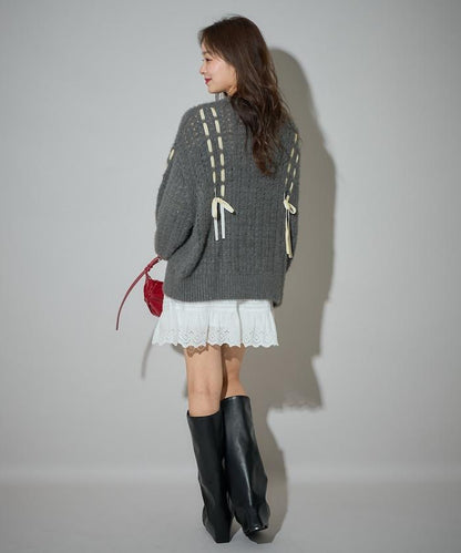 天鵝絨蝴蝶結編織羽毛針織衫