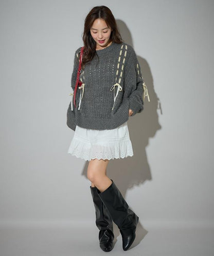 天鵝絨蝴蝶結編織羽毛針織衫