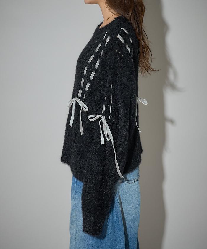 天鵝絨蝴蝶結編織羽毛針織衫