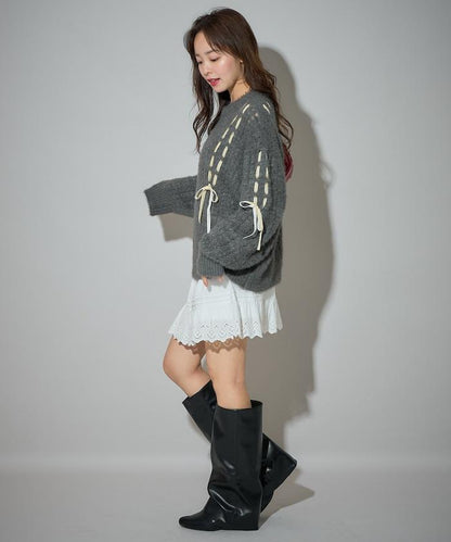 天鵝絨蝴蝶結編織羽毛針織衫