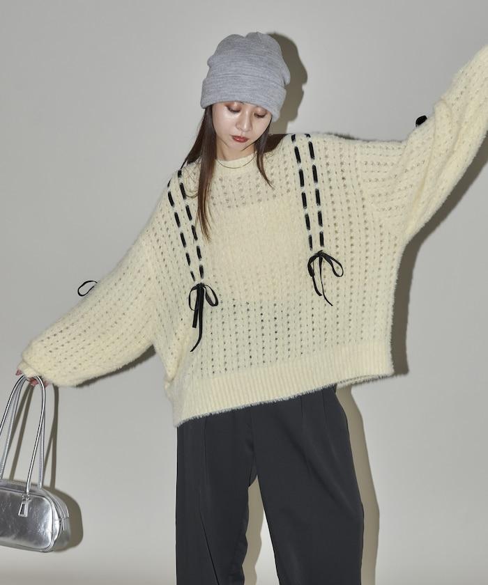 天鵝絨蝴蝶結編織羽毛針織衫