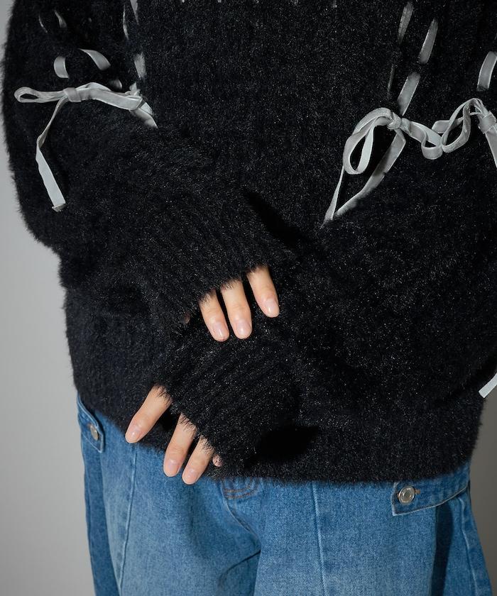 天鵝絨蝴蝶結編織羽毛針織衫