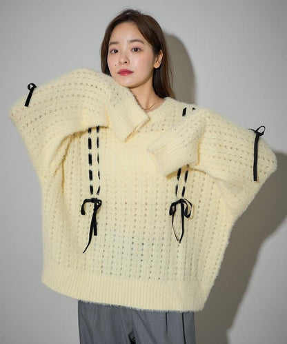 天鵝絨蝴蝶結編織羽毛針織衫