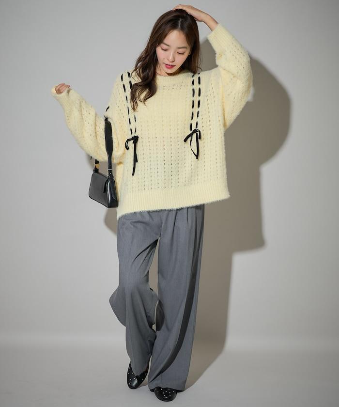 天鵝絨蝴蝶結編織羽毛針織衫