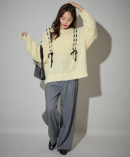 天鵝絨蝴蝶結編織羽毛針織衫