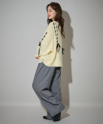 天鵝絨蝴蝶結編織羽毛針織衫