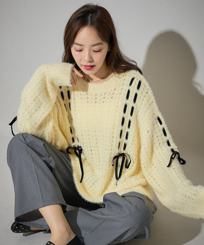 天鵝絨蝴蝶結編織羽毛針織衫