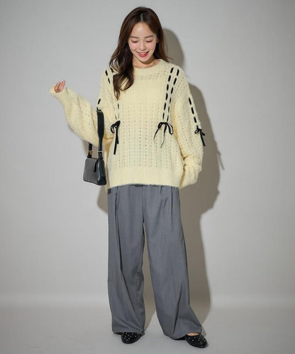 天鵝絨蝴蝶結編織羽毛針織衫