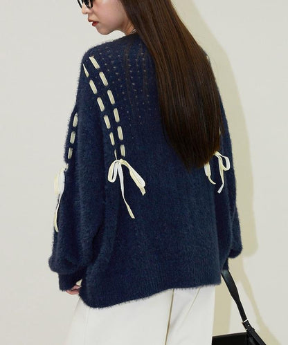 天鵝絨蝴蝶結編織羽毛針織衫