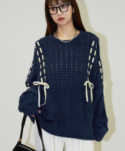 天鵝絨蝴蝶結編織羽毛針織衫