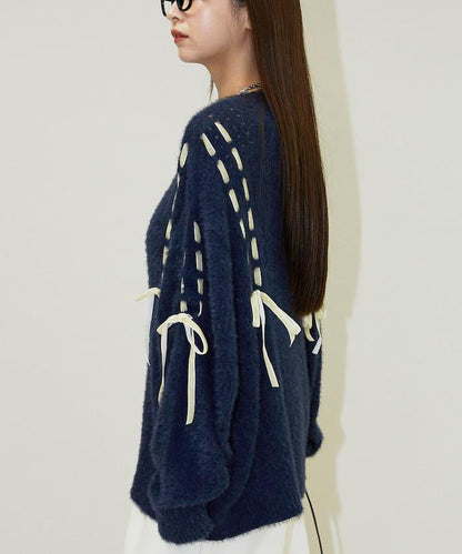 天鵝絨蝴蝶結編織羽毛針織衫