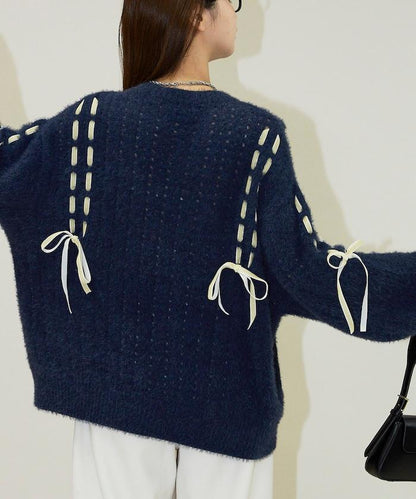 天鵝絨蝴蝶結編織羽毛針織衫