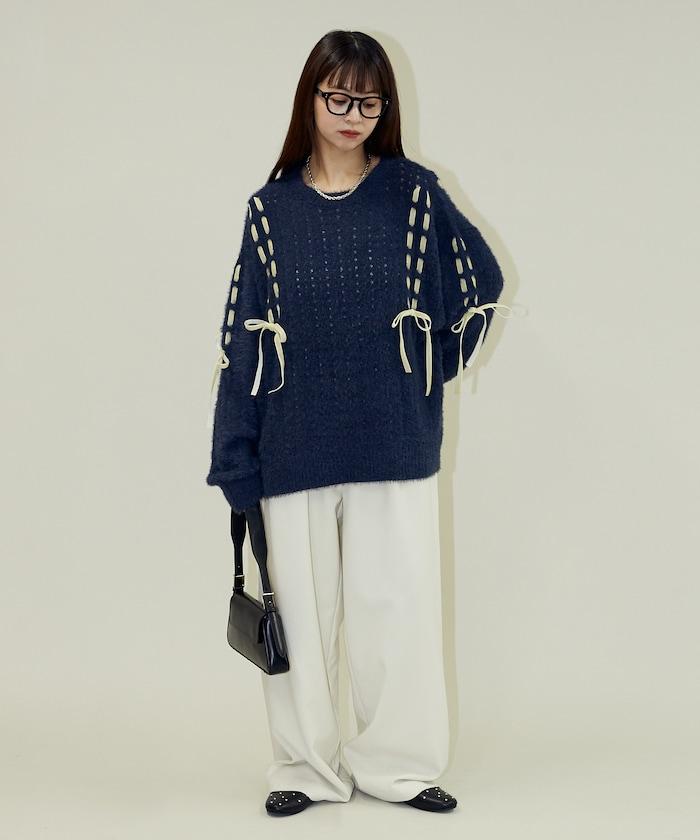 天鵝絨蝴蝶結編織羽毛針織衫