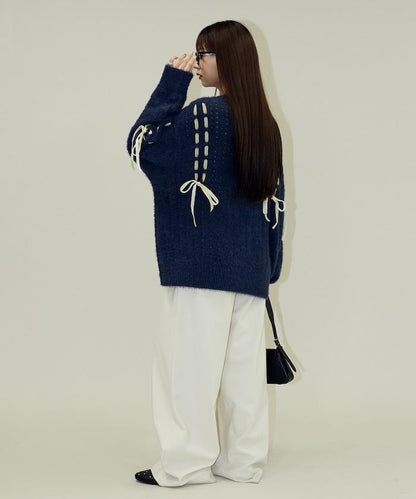 天鵝絨蝴蝶結編織羽毛針織衫