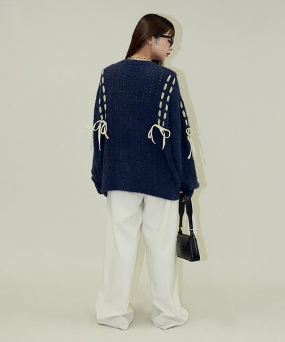 天鵝絨蝴蝶結編織羽毛針織衫