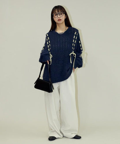 天鵝絨蝴蝶結編織羽毛針織衫