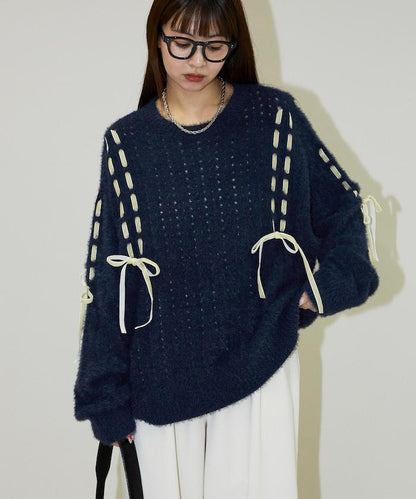 天鵝絨蝴蝶結編織羽毛針織衫